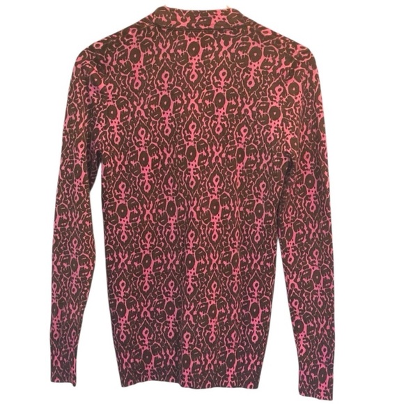 Tory Burch Merino Wool Cardigan Sweater, Pink and Brown Print, Logo Buttons, S - Picture 3 of 15